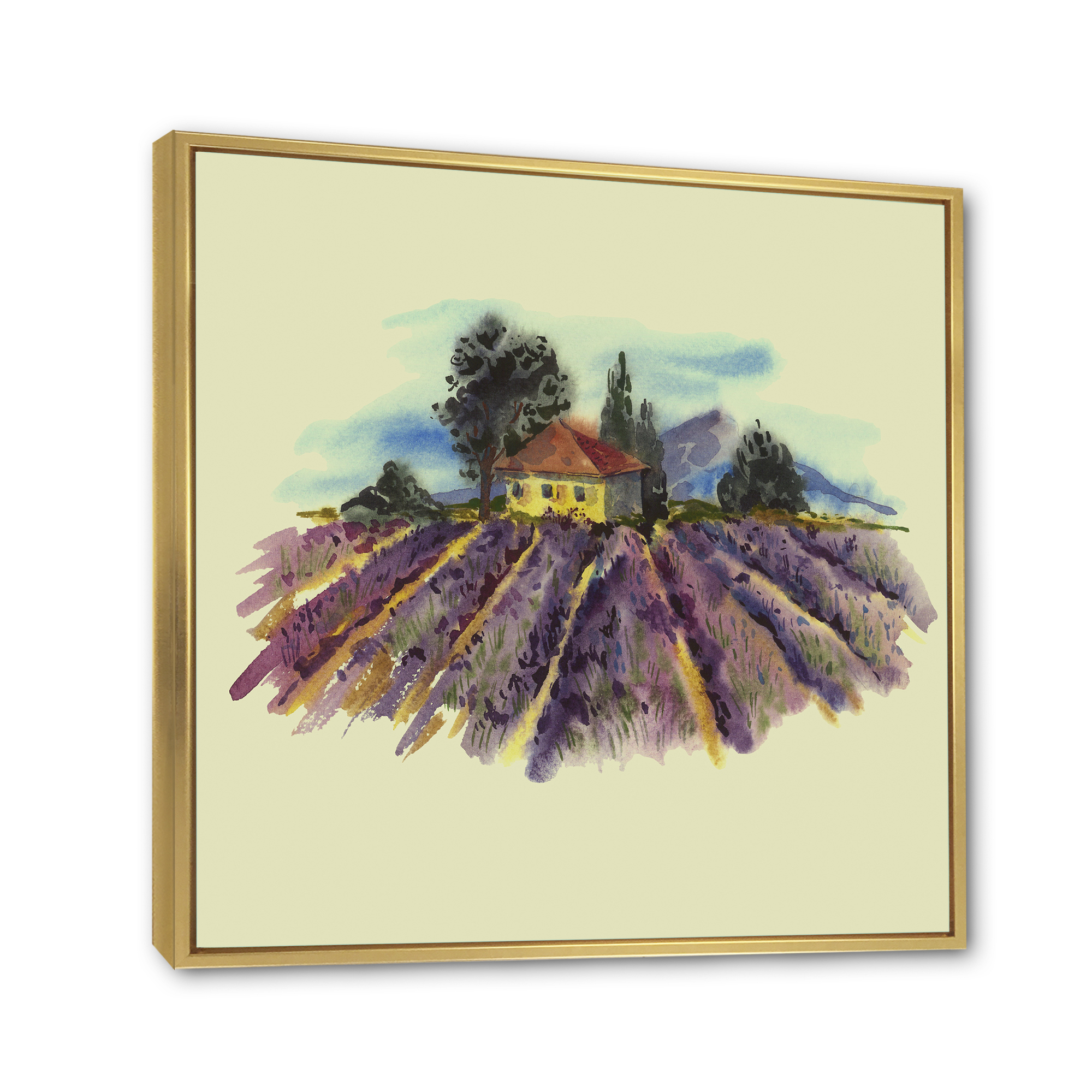 Designart 'Landscape With Blooming Lavender and Village House' Traditional Framed Canvas Wall Art Print