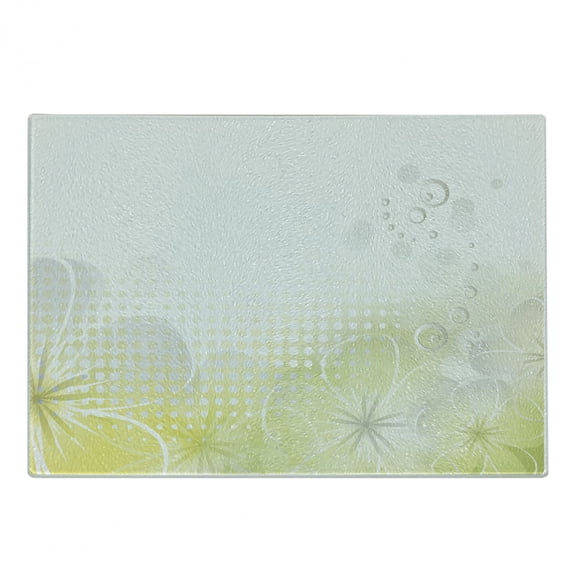 Grey and Yellow Cutting Board, Abstract Grunge Design Water Bubbles and Flowers Image, Decorative Tempered Glass Cutting and Serving Board, Small Size, Pale Yellow Pale Grey, by Ambesonne