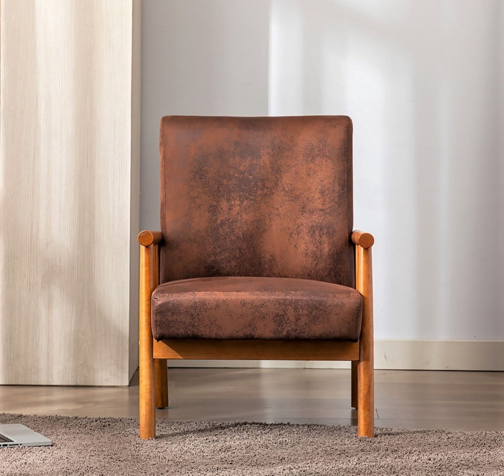 Mid Century Modern Accent Chair, 25" Wide Upholstered Armchair with Solid Wood Frame, Padded Seat & Arms, Dark Brown Lounge Chair for Living Room & Bedroom, Brown