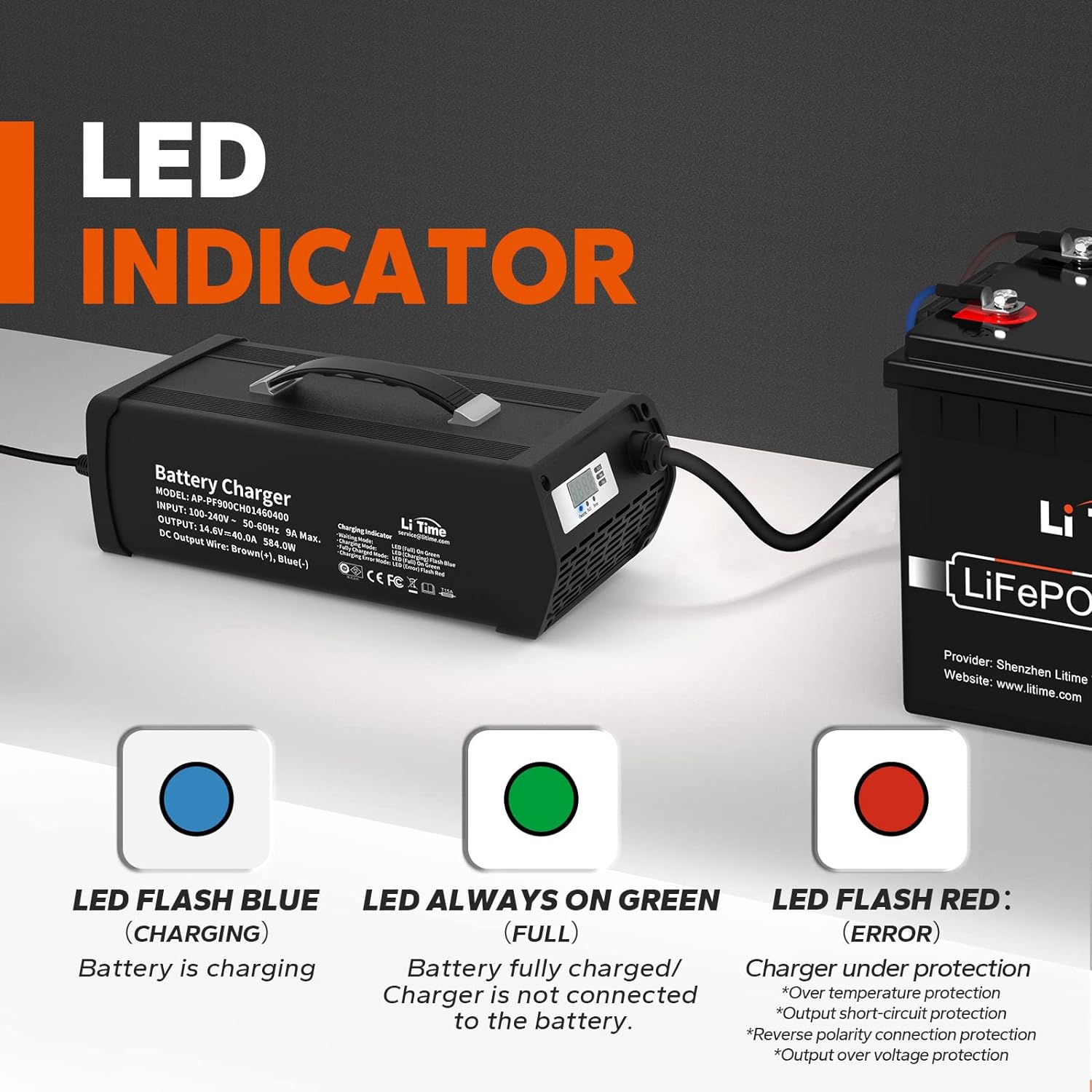 LiTime 14.6V 40A Lithium Battery Charger Mountable for 12V LiFePO4 Lithium Battery with LED Indicator and ON/Off Switch, AC-DC Smart Charger, 40A Fast Charging