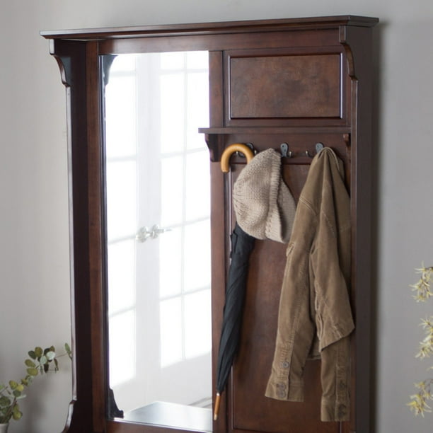 Lynden Hall Tree With Mirror Espresso Com Lynden Hall Tree With Mirror Espresso, Espresso Entryway Mini Hall Tree With Mirror Coat Hooks And Storage Bench