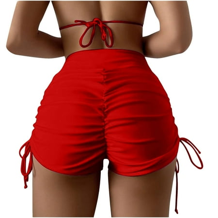 2DXuixsh Swim Shorts Women High Waisted Dry Quickly Beach Swimming Shorts Plus Size Solid Bikini Bottom Swimwear Briefs Side Tie Thong Beachwear Red Size S