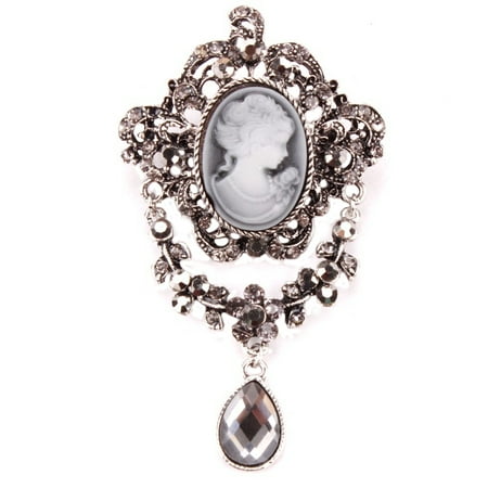 - Antique Silver Cameo Brooch Marcasite Style Crystal Stones Teardrop Rhinestone Design Woman Brooch Jewelry, BROOCH-19