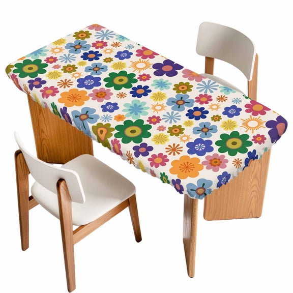 Retro Bohemia Floral Table Cloths for 5 Foot Rectangle Tables, Blue Purple Flowers Boho Style Beige Patio Waterproof Elastic Fitted Tablecloths, Washable Rectangular Table Cover for Camping