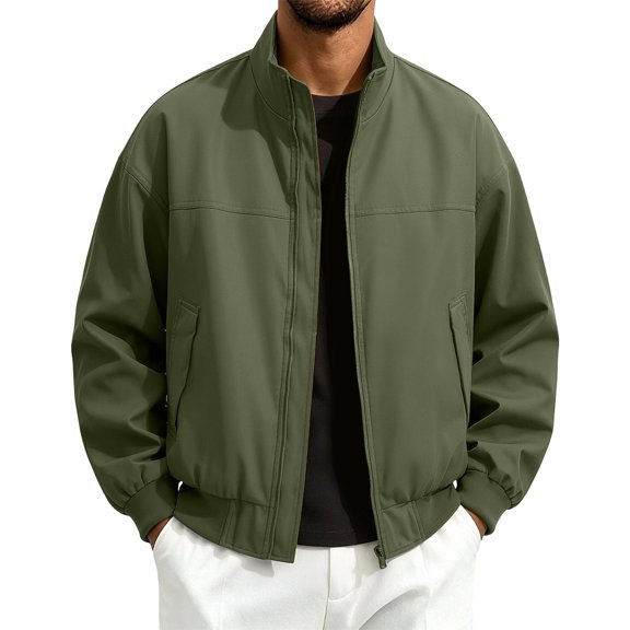Mens Fall Jackets Zip Up Stand Up Collar Elastic Cuffs Trendy Casual Motorcycle Coats with Pocket Army Green XL