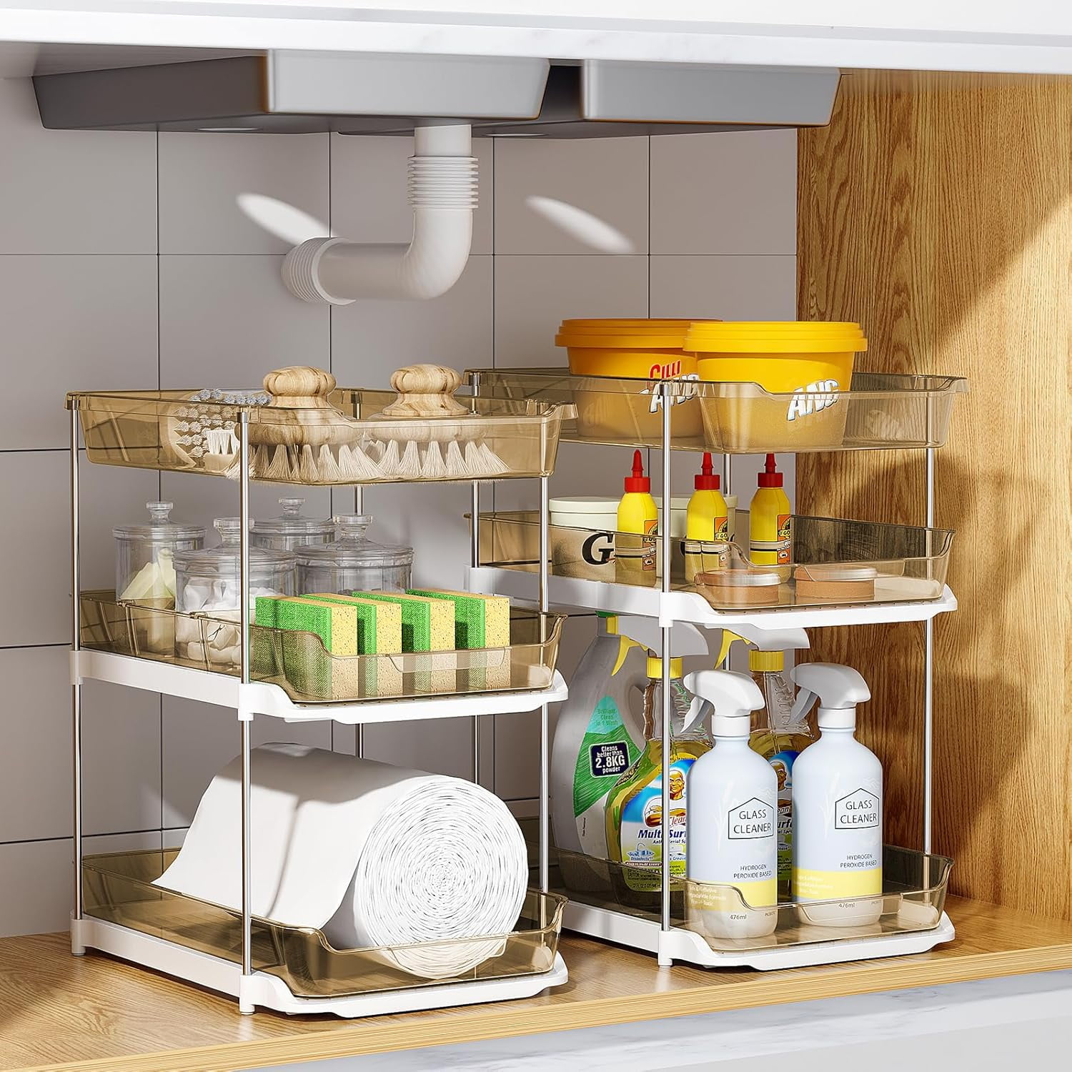 2 Pack 3-Tier Bathroom Under Sink Organizers and Storage, Multi-Purpose Stackable Pantry Organization and Storage, Pull Out Clear Kitchen Bathroom Cabinet Organizer with Movable Dividers, Amber