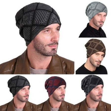 Wool Mens Beanie - Fashion Men Autumn Winter Soft Oversize Geometric Print Knit Wool Casual Baggy Beanie Cap Ski Hats