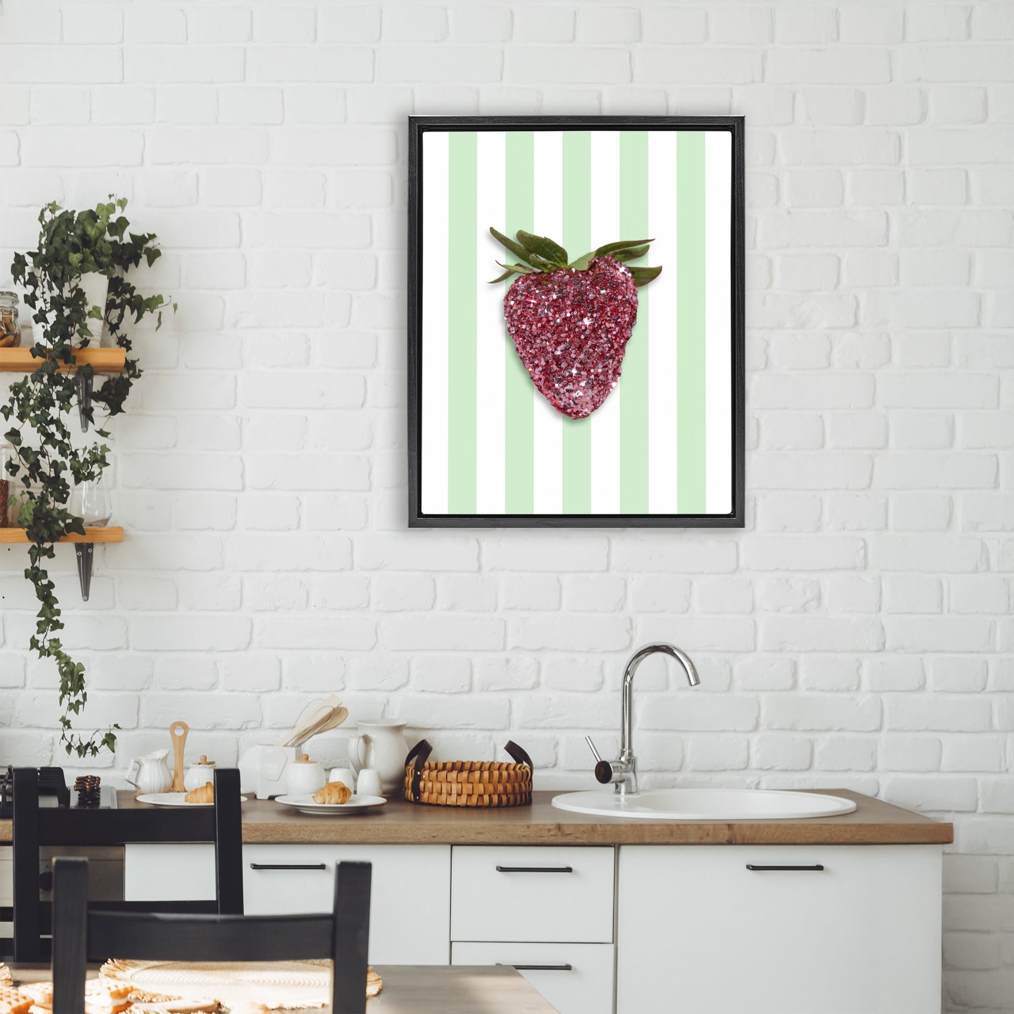 Stupell Industries Glimmer Cherry on Green Stripes Black Framed Floater Canvas Wall Art, design by LISH Creative