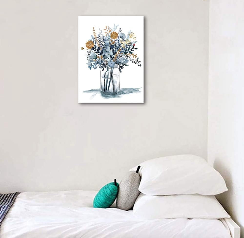 Navy Blue Flowers Canvas Wall Art Bedroom Wall Decor Minimalistic Bouquet Canvas Pictures Blossom Watercolor Artwork for Living Room Bathroom Home Office Decoration Indigo Floral Canvas 12 x 16
