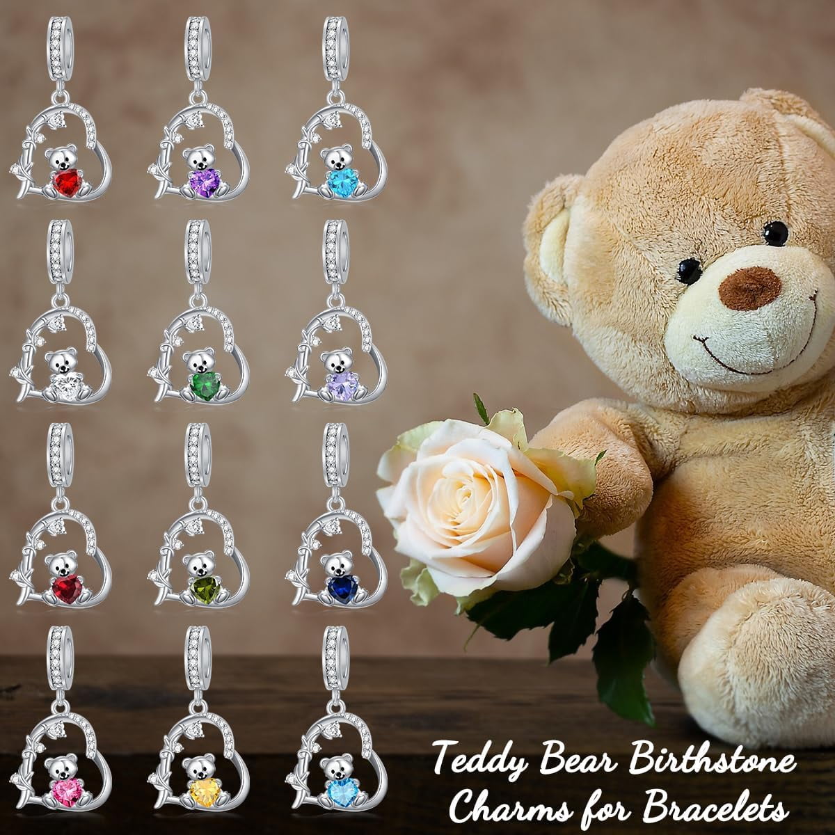 Teddy Bear Charms for Bracelets for Women 925 Sterling Silver 12 Month Birthstone Bear Bead Charms Christmas Birthday Jewelry Gifts for Mom Daughter Wife
