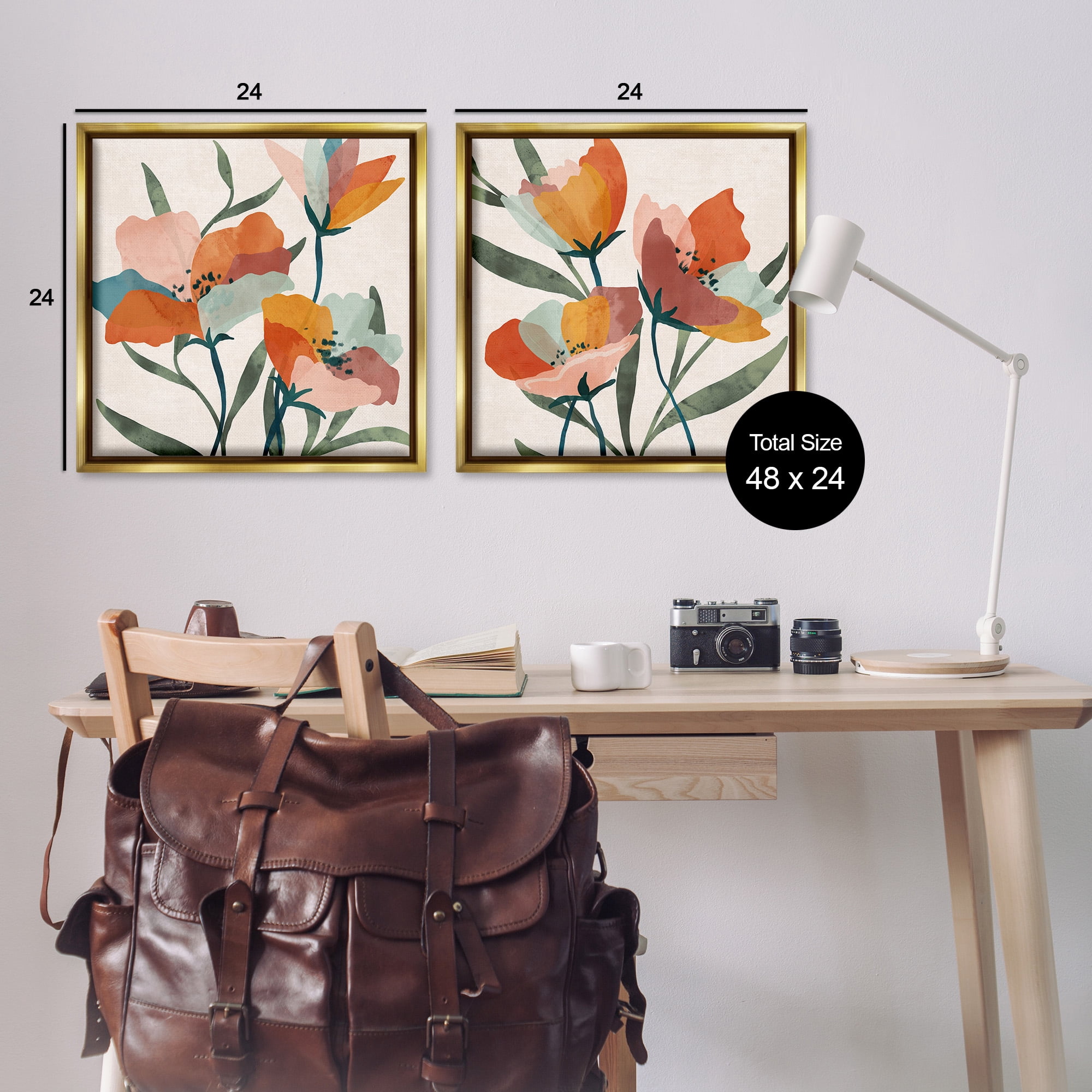 Stupell Industries Summer Bouquet Modern Abstract Botanical & Floral Painting Gold Floater Framed Canvas Art Print Wall Art, 25 x 25, Set of 2