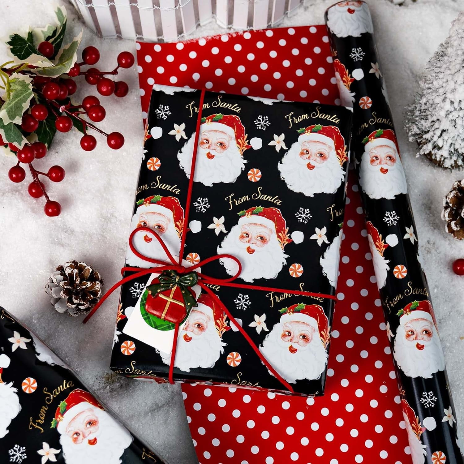 Christmas Wrapping Paper, Reversible Black Santa, Red Dot Design Gift Wrapping Paper Suitable for Christmas, Mini Roll (17 Inch X 32.8 Feet)