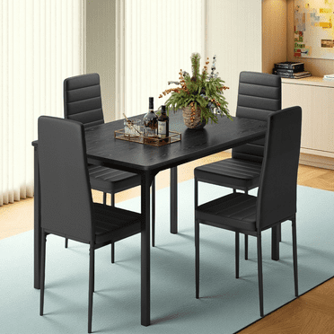 Aiho Compact 5-Piece Modern Dining Set for 4, Faux Marble Table & Vegan Leather Chairs for Dining room, Black