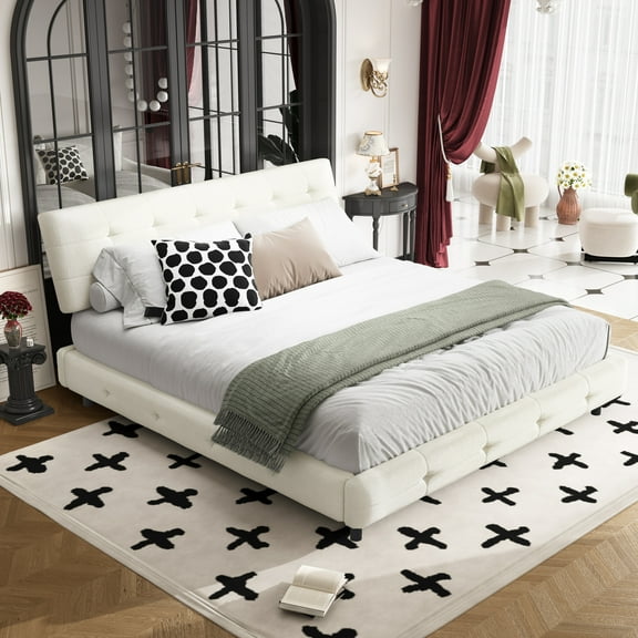 King Size Upholstered Platform Bed Frame with Cloud Pillow Headboard, No Box Spring Needed, Tufted Chenille Fabric, Beige