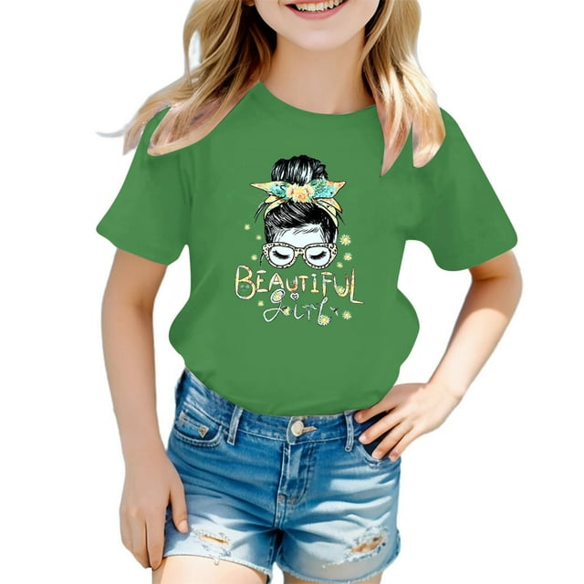 2025 Hauts pour Filles, T-Shirts et Chemises Enfant Mignon Graphique Chemises Sans Bretelles pour Imprimé Col Rond Manche Courte Tee Été Décontracté Manche Longue pour T