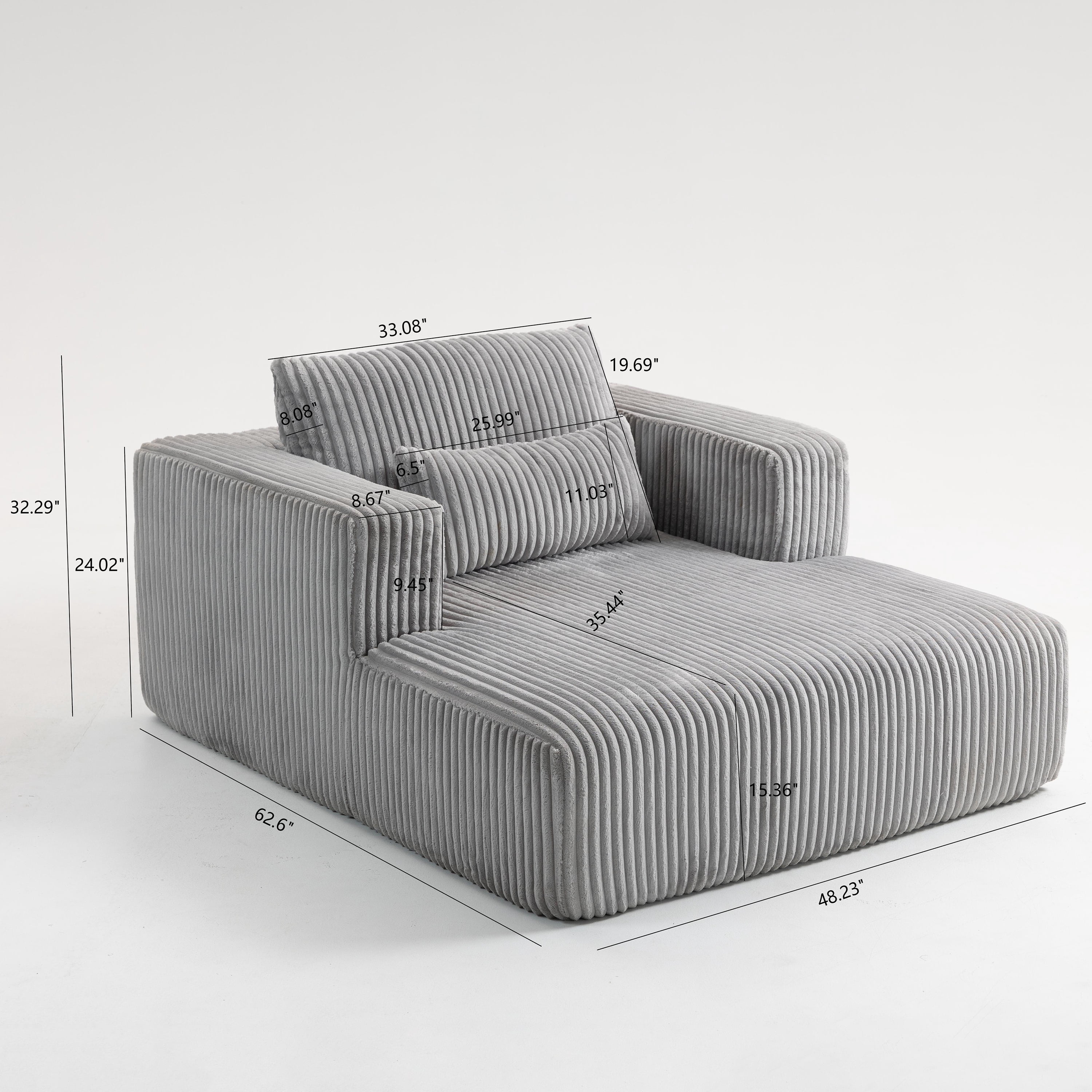 Miniyam Oversized Corduroy Chaise Lounge Sofa, Deep Seat Plush Couch with Pillows, Upholstered Floor Sofa, No Assembly for Living Room Bedroom, Gray