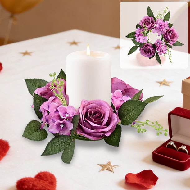 Corona De Velas De Plástico Con Rosas Simuladas Corona de rosas de seda morada para decoración de velas de boda, fiestas y ambiente festivo (1 unidad) JASKFLY