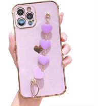 for iPhone Case,Luxury ElectroPlated Love Heart Side Print with Hand Bracelet Camera Lens Protection Soft Shockproof Phone Case (Purple,iPhone 11)