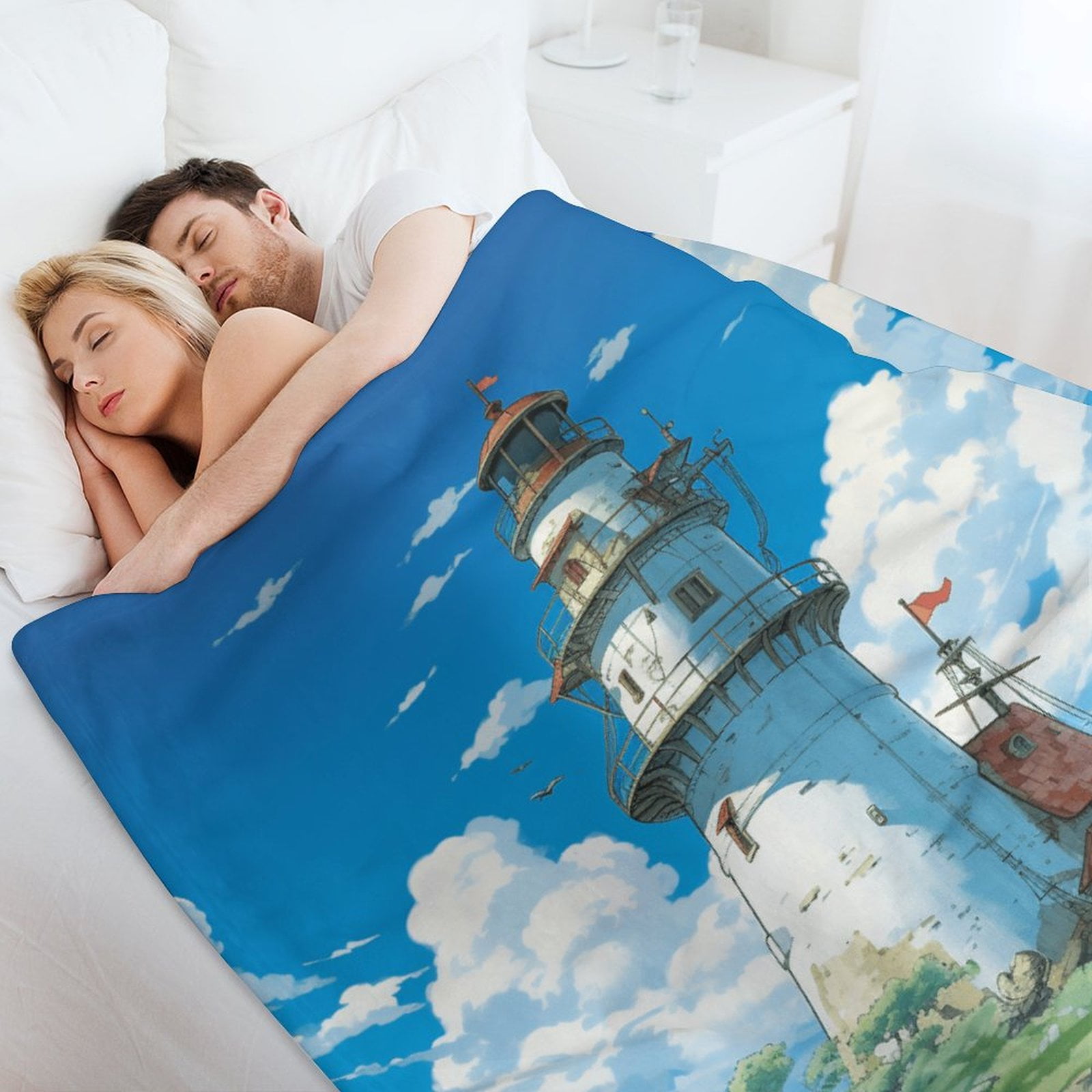 Lighthouse Sunrise Coast Scenery Pale Blue Tan Print Blanket Warm
