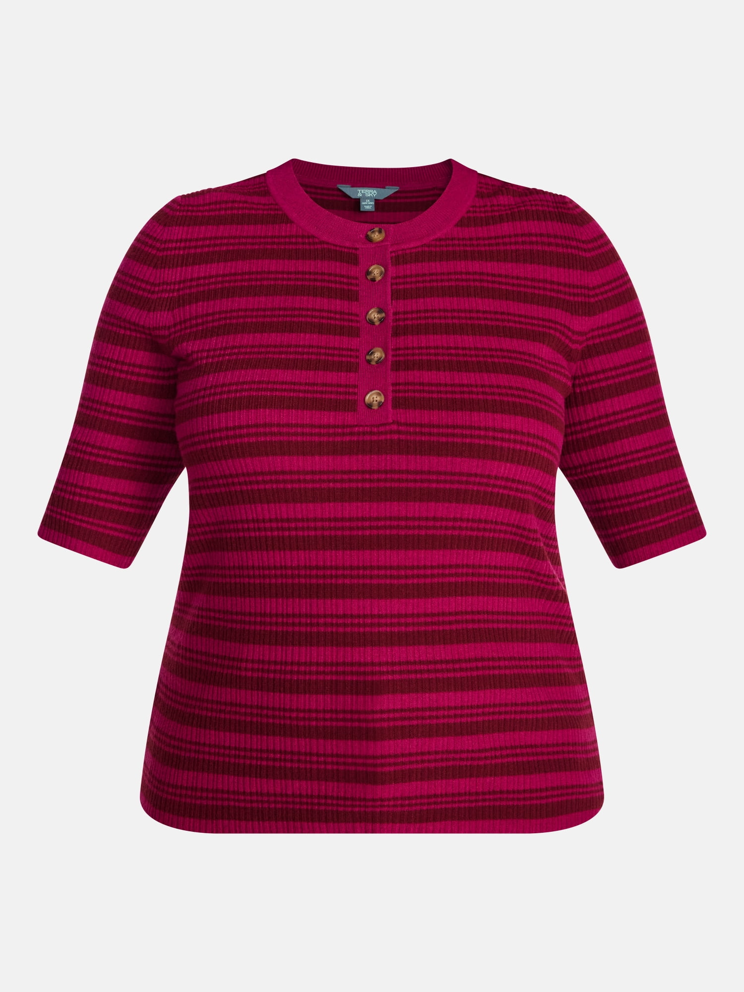 Terra & Sky Women's Plus Ribbed Henley Sweater Top with Elbow Length Sleeves, Sizes 0X-5X