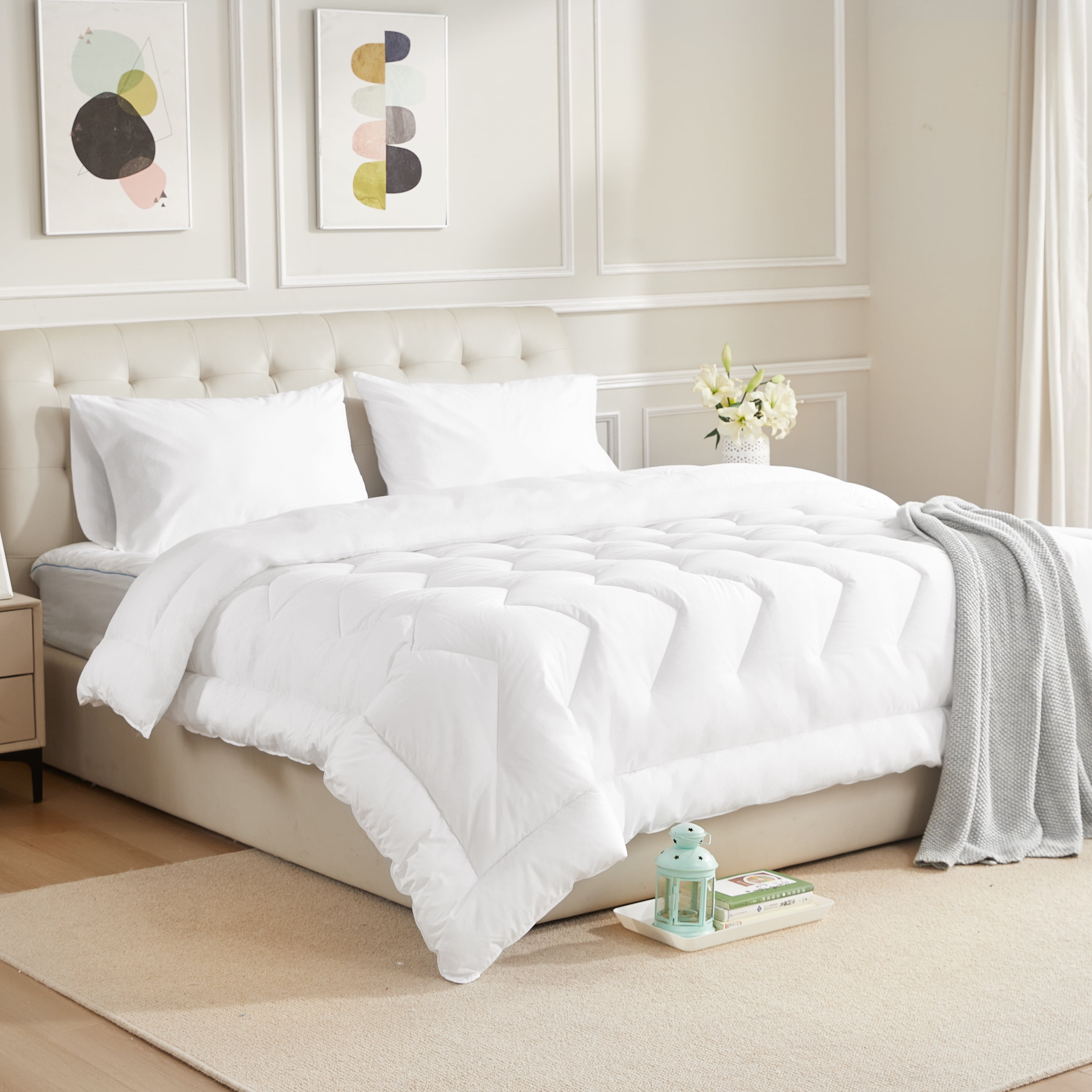 HOMTEC Queen Duvet Insert, White Cotton Comforter, All Season Down Alternative Duvet with 100% Cotton Cover, 4 Corner Tabs, Washable Breathable Noiseless