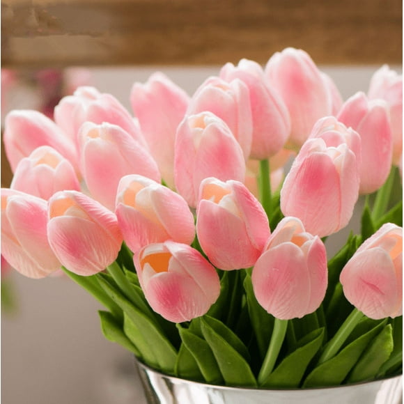 Fake Tulips For Wedding Party, 12 Pcs Artificial Flowers Light Pink Real Touch With Bendable Stems For Home Decoration, Office Decor (12Pcs)
