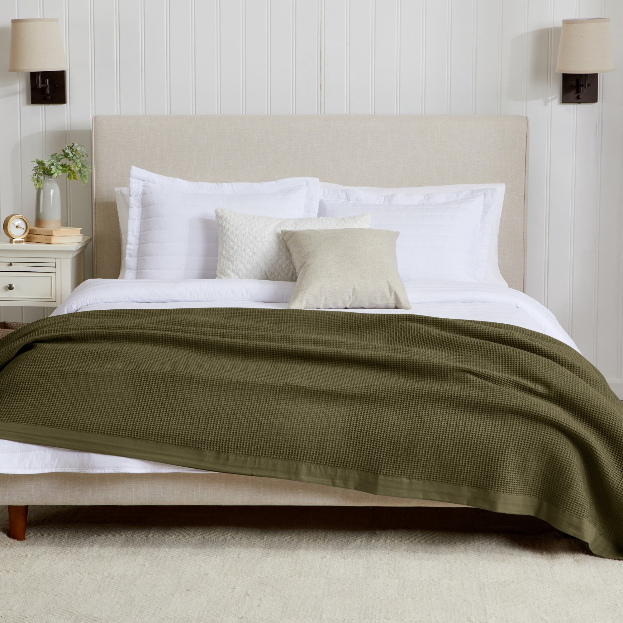 VHC Brands Olive Green Waffle Weave Blanket - Queen Size Cotton Farmhouse Throw