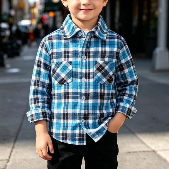 Falkdiz Plaid Shirts for Boys Back to School Cute Button Up Casual Long Sleeve Collar Boys Tops Trendy,Blue,Size: 2-3