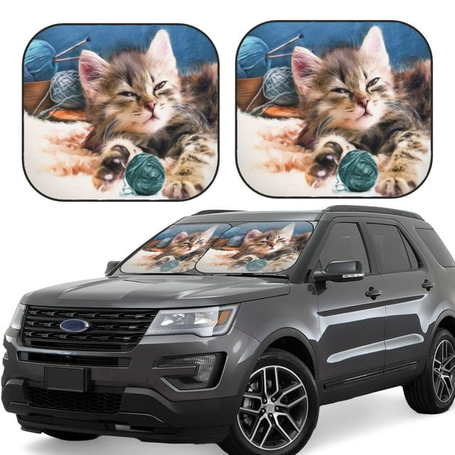 Fotbe Playful Cat 2-Piece Car Windshield Sun Shade | Sun Blocker for Car Windshield | Foldable Automotive Interior Accessories for Sun Protection-Medium
