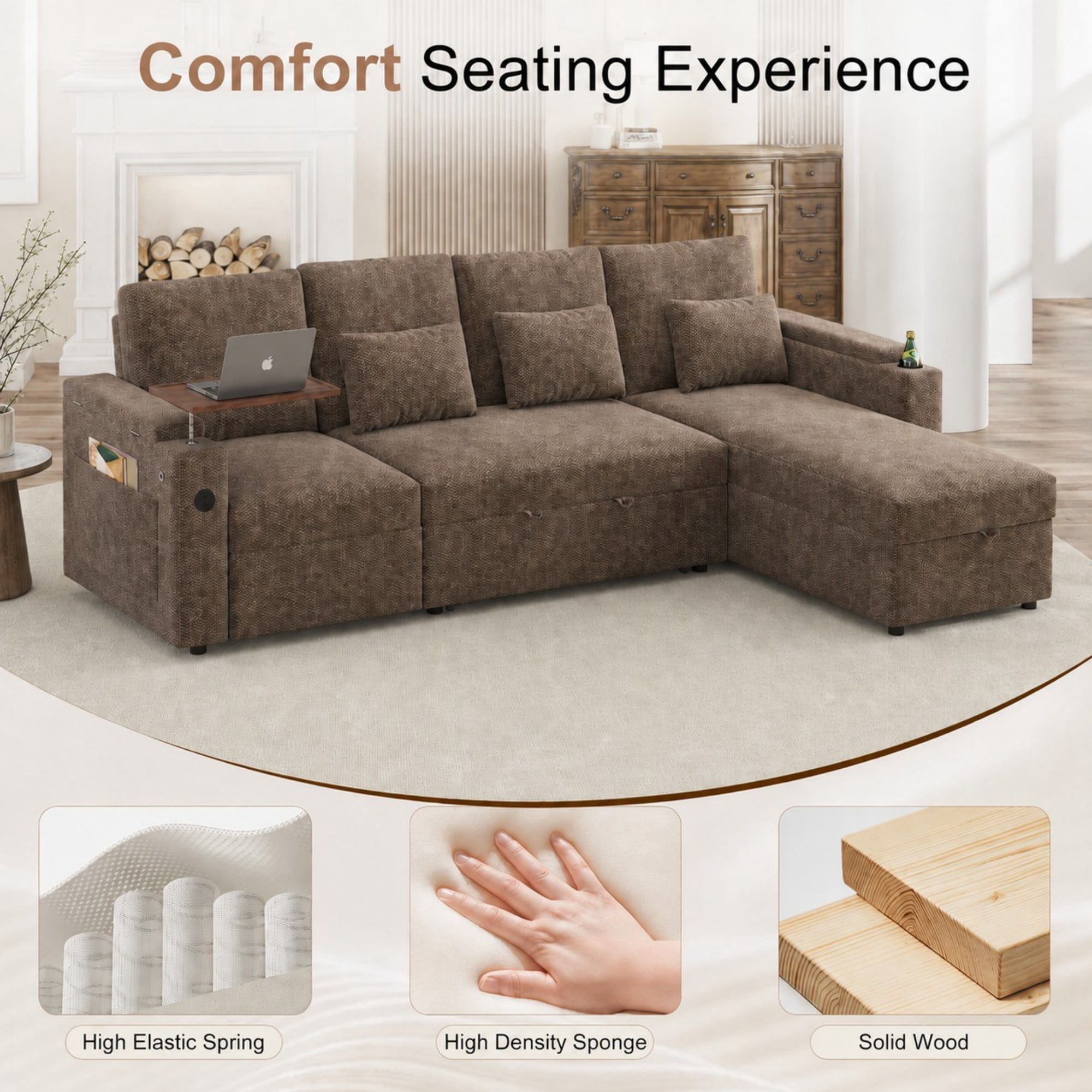 DEALTOPS 108" Chenille L-Shaped Pull Out Sleeper Sofa Bed with Recliner, Storage Chaise & USB Ports, Brown
