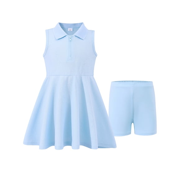 Kucnuzki 4T Toddler Girls Summer Dress 5T Child Girl CLothing Sleeveless Solid Color A-line Dresses with Bottoms Athletic Clothes Sundress 2pcs Blue