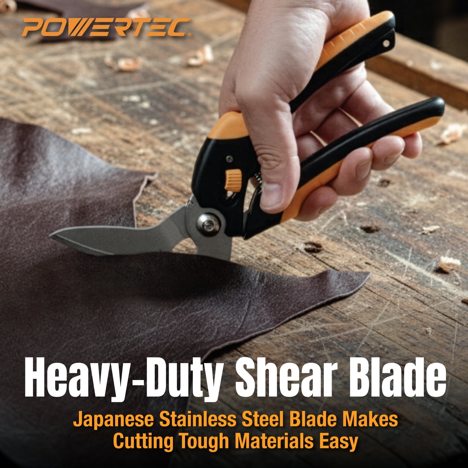 POWERTEC 8-1/2" Heavy Duty Scissors – Curved Serrated Blade Multipurpose Cutter with Wire Cutting Notch (1mm), Serrated Shear Blade for Carpet, Cardboard, Leather, Upholstery, Gardening & DIY (72395N