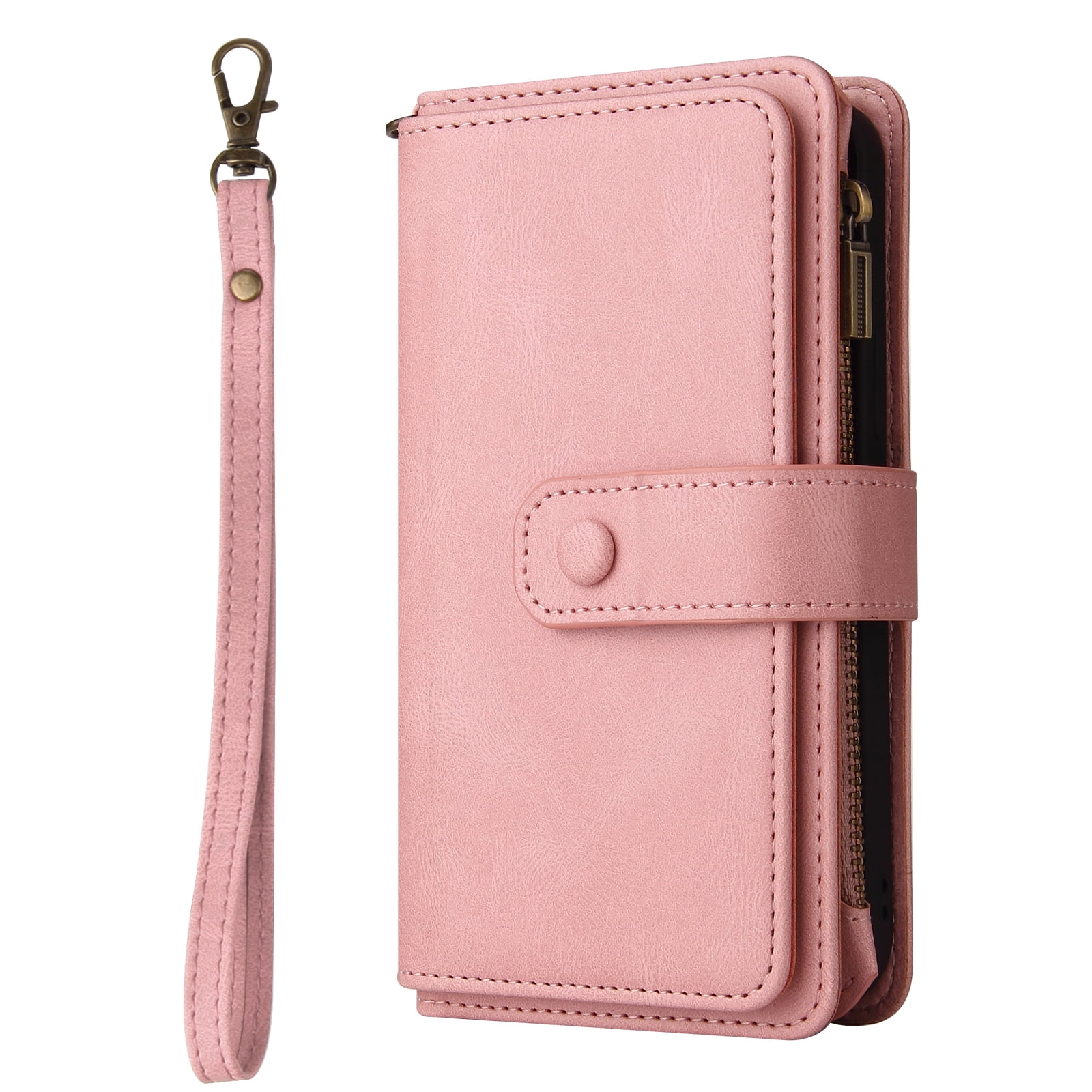 Phone Case for iPhone 17, Wallet Case Luxury Folio Flip Leather Cover [Zipper Pocket] [Wrist Strap] [Kickstand] for iPhone 17, Pink