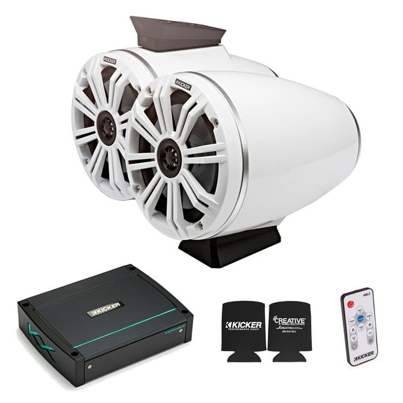 Kicker KMFC65W 6.5" Flat Mount White Tower Speakers (1 pair) with KXM4002 Marine Amplifier