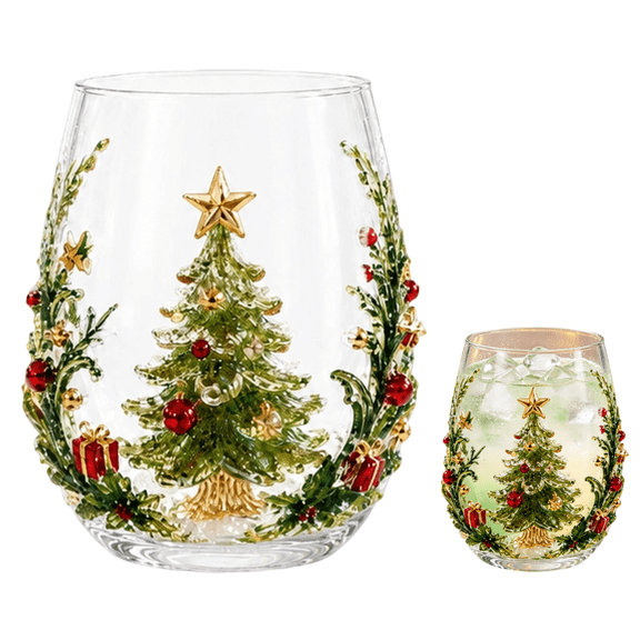 Christmas Stemless Wine Glasses 3D, Santa Snowman Christmas Tree Reindeer Pattern Crystal Drinking Cups, Christmas Decor Glassware for Wine Coffee Juice, Xmas Holiday Gift for Family(Christmas Tree)