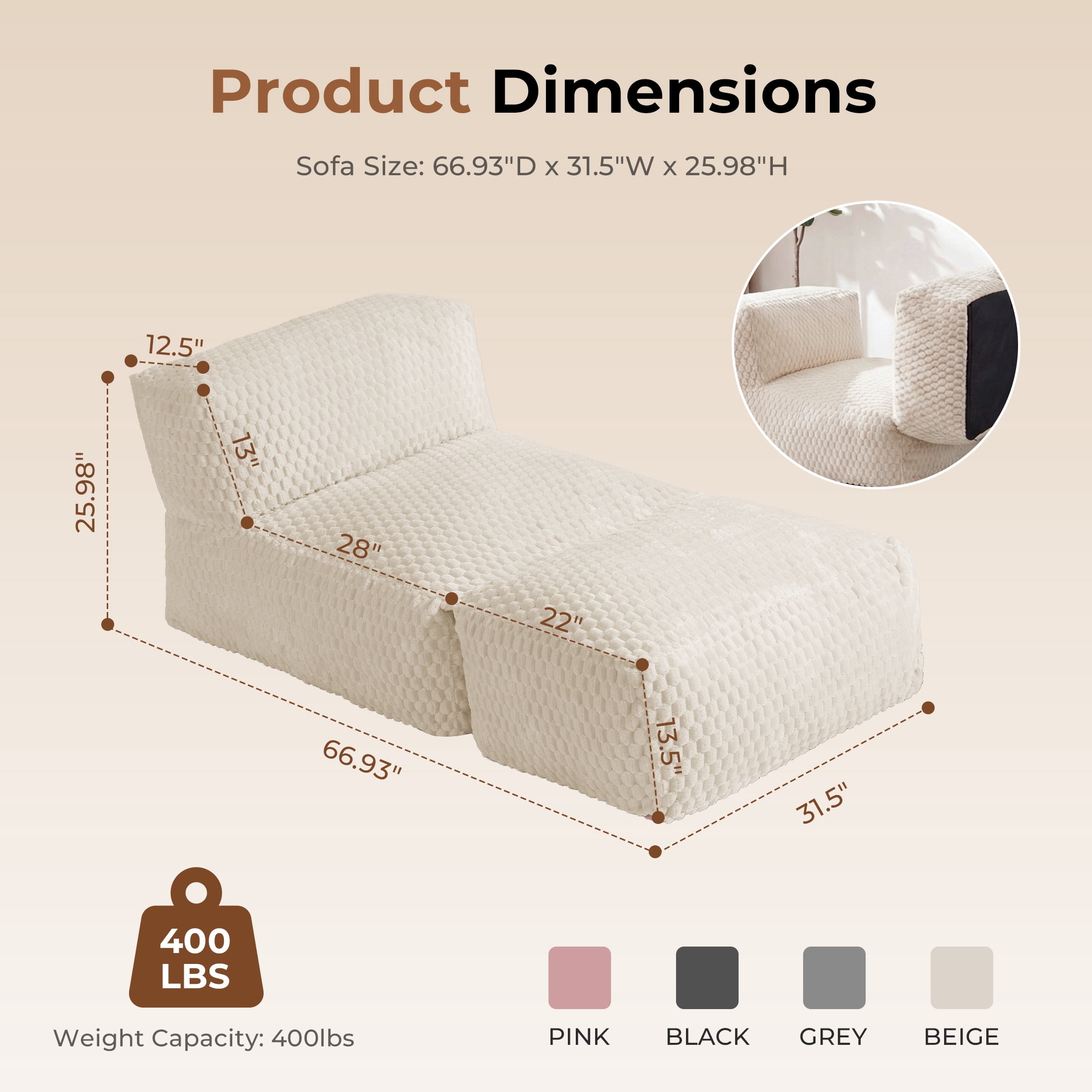 Poshby Big Bean Bag Lounger Chair for Adults, Large Flannel Plush Beanbag Sofa Chair for Living Room or Bedroom, White