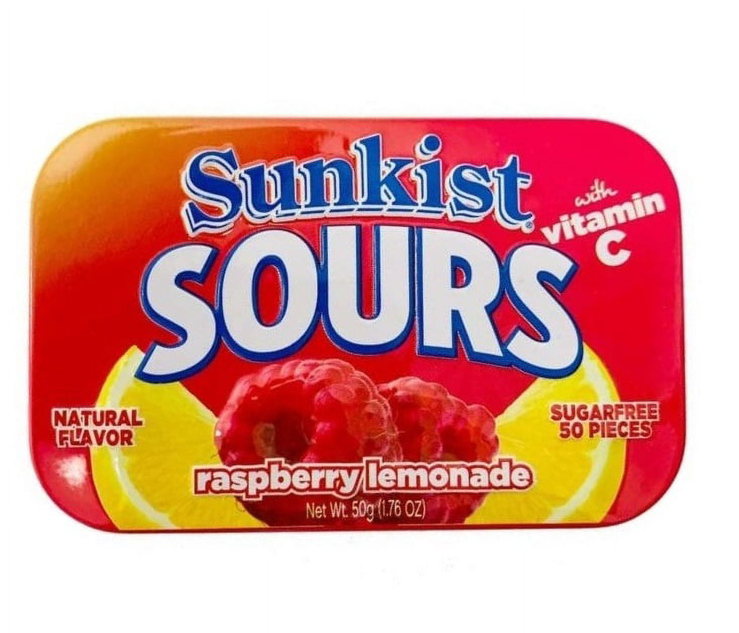 Sunkist Sours, Raspberry Lemonade, Vitamin C, Sugar Free Sour Candy, 1.76 Ounce Tin - 6 Count Tray
