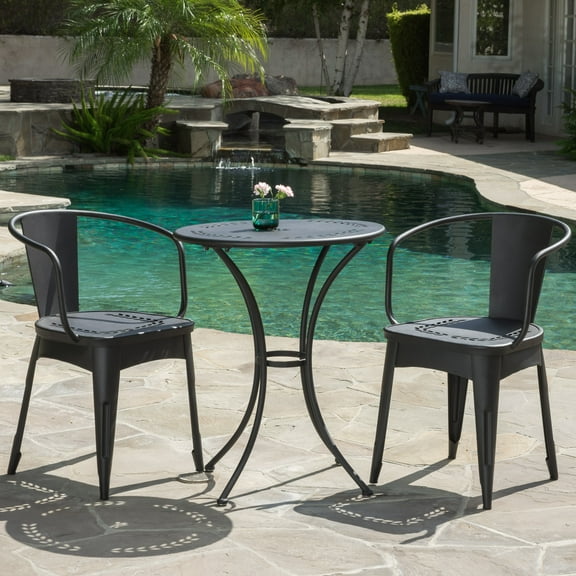 Midnight 3 Piece Outdoor Iron Bistro Set, Black Sand