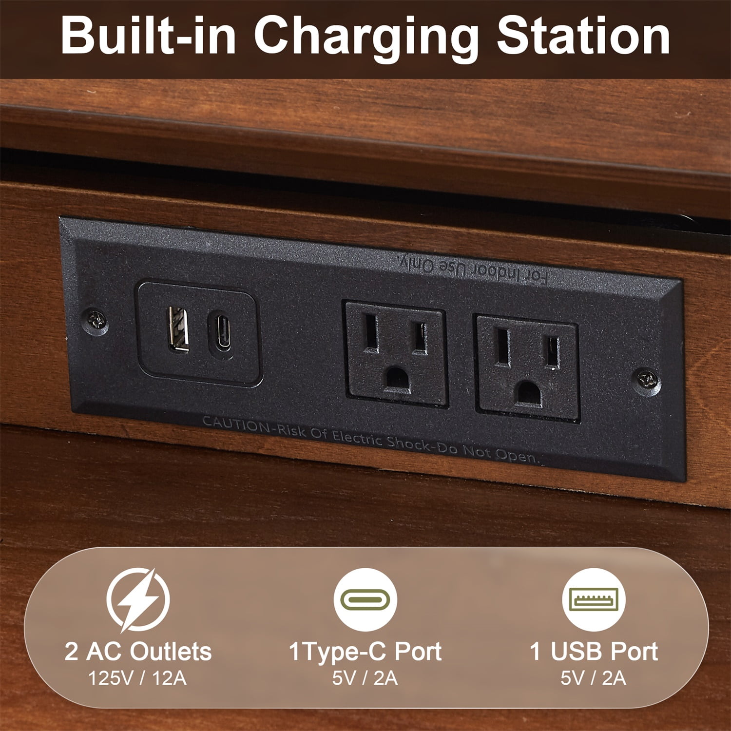 Hommoo 24" Mid-Century Modern Nightstand with Built-in Charging Station, Solid Wood & MDF Bedside Table, 2 Drawers & Open Shelf for Bedroom, Living Room or Home Office, Walnut