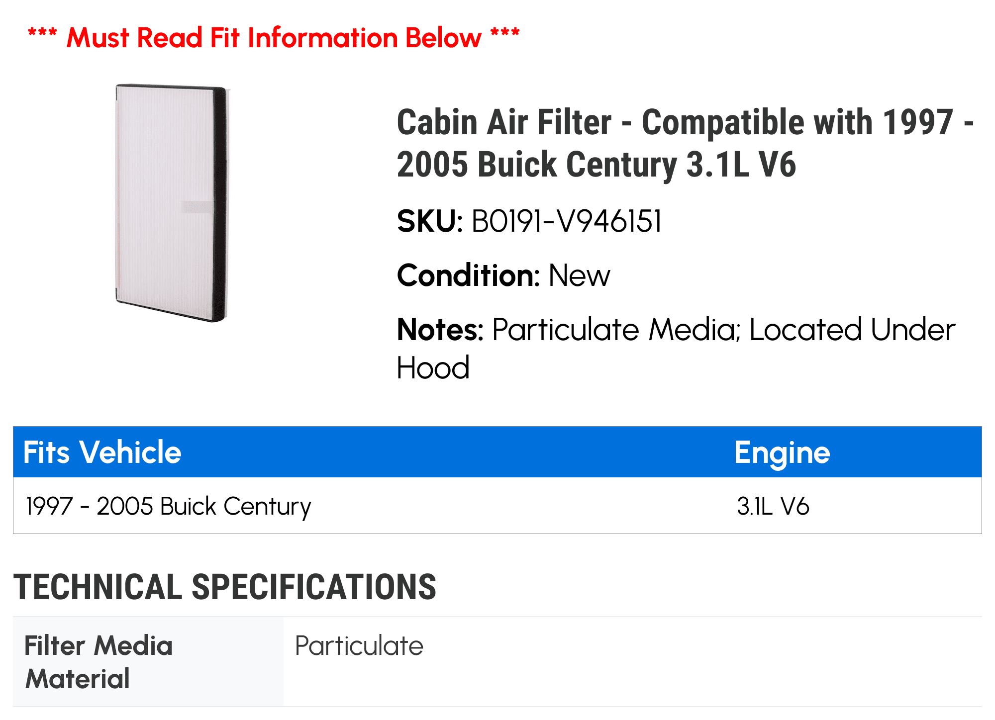 Cabin Air Filter - Compatible with 1997 - 2005 Buick Century 3.1L V6 1998 1999 2000 2001 2002 2003 2004