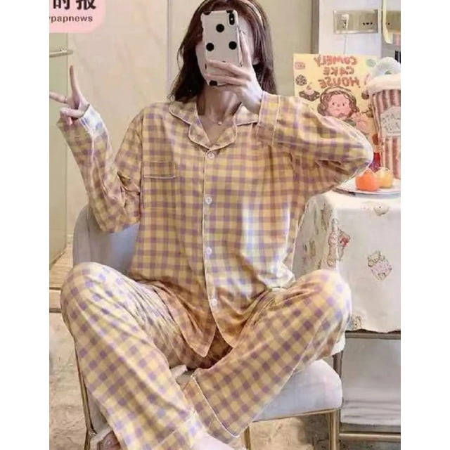 Ensemble de Pyjama Ample à Manches Longues pour Femmes, Cardigan et Pantalon, Motif à Carreaux Rose Sakura