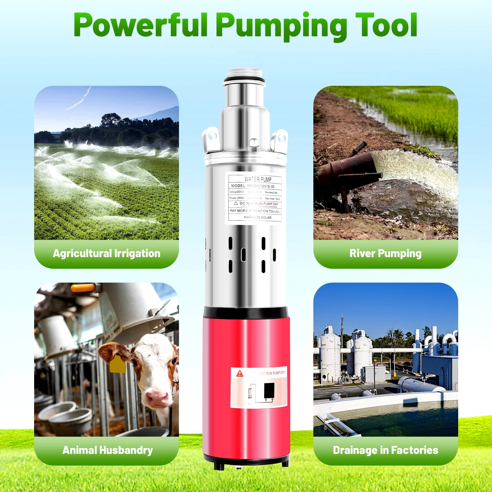 DC 12V Solar Submersible Pump Deep Well Water DC Pump Stainless Steel 1500L/H for Farmland Irrigation