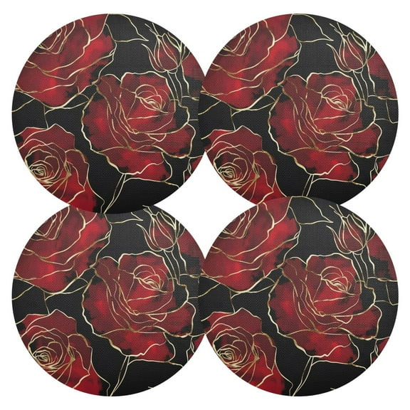 Ryvnso Red Rose Flower with Gold Round Plate Mats Dining Table Placemat Set of 4 for Holiday Decoration