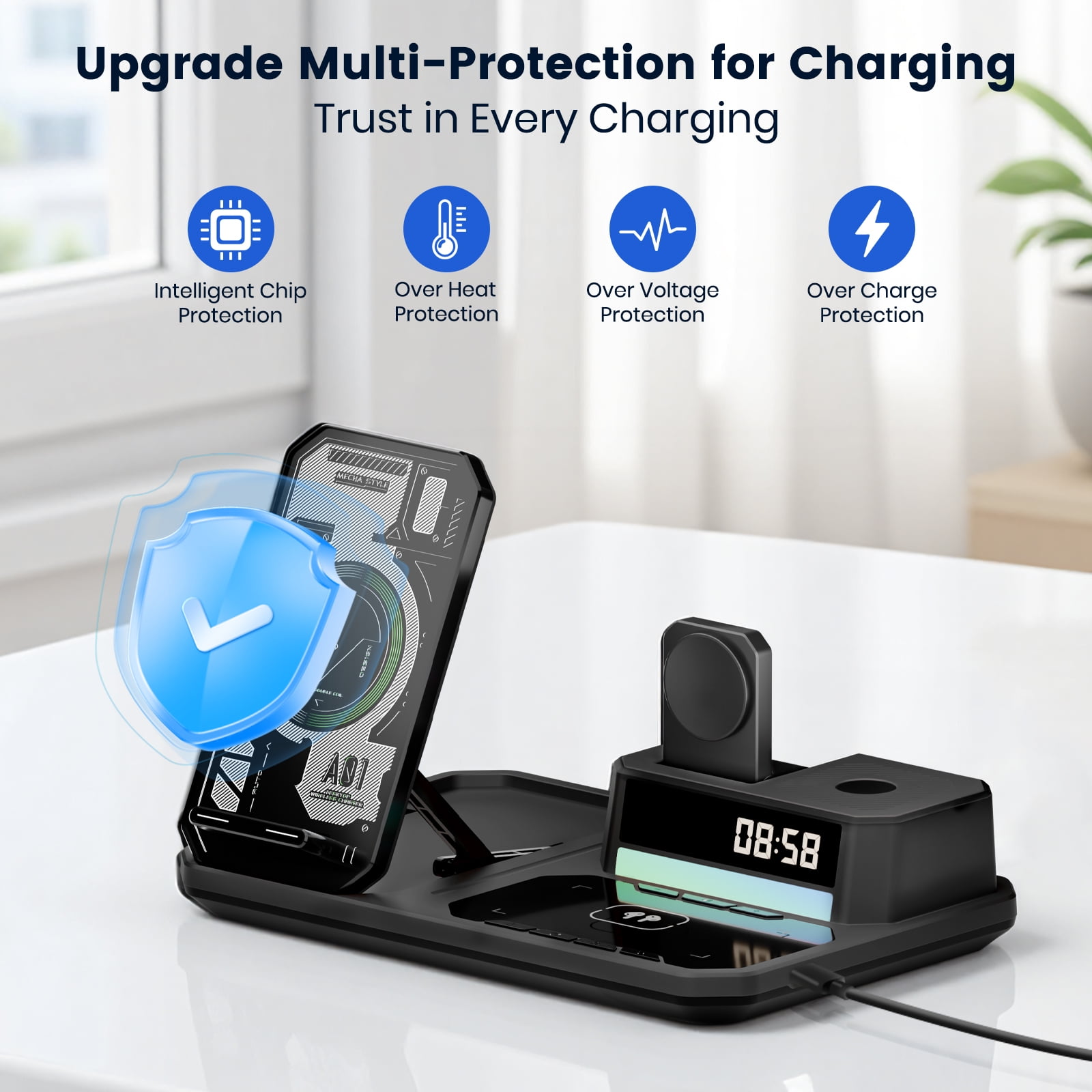 Wireless Charger for iPhone 17 16 15 14 13 12, 6 in 1 Charging Station for iWatch Series, for AirPods 4 3 2, with Clock, Bluetooth, Ambient Light