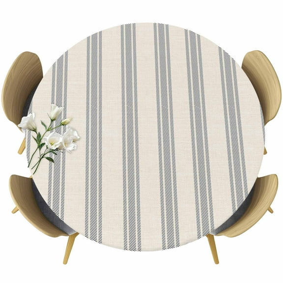 Blue Stripes Round Tablecloth 45-54 Inch Round Fitted Table Cloth with Elastic Edge, Modern Minimalist Striped Farmhouse Beige Waterproof Table Cover Protector for Outdoor Picnic Party Dining
