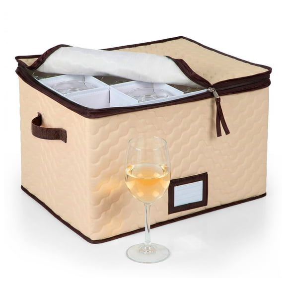 Wine Glass Storage Box with Dividers, Holds 12 Glasses up to 3.75-in Wide, Quilted Microfiber Stemware Storage Case with Carry Handles, Ideal for White Wine Glasses