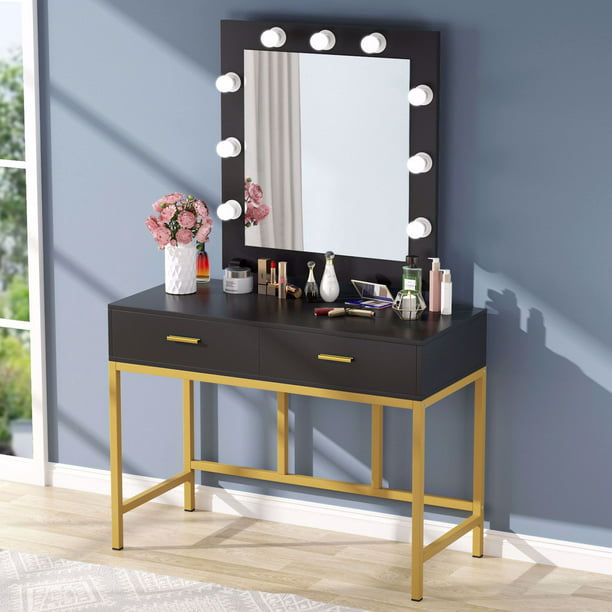 Vanity Table With Lighted Mirror, Black And Gold Mirror Dresser