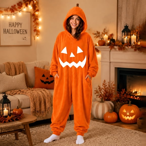 Dwelliawo Women Halloween Pumpkin Fleece Onesie Oversized Hooded Plush One Piece Jumpsuit Soft Cozy Pumpkin Pajamas for Halloween Party Cosplay Lounging Sleepwear Coffee 3xL