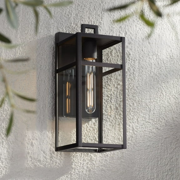 John Timberland San Lucas 14 1/2" High Modern Outdoor Wall Light Fixture Mount Porch House Weatherproof Sand Black Glass Shade