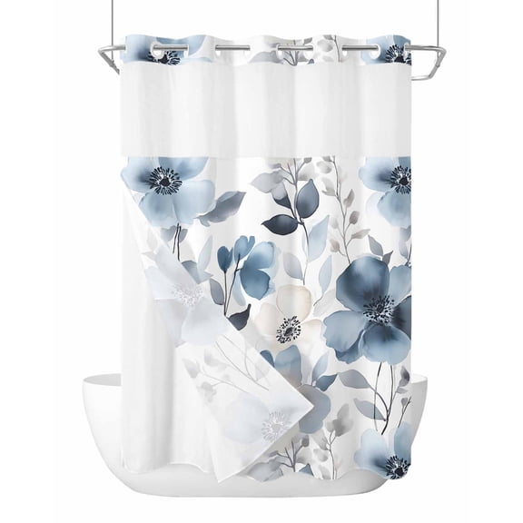 No Hook Shower Curtain with Snap-in Liner, Blue Spring Floral Waterproof Fabric Bathroom Curtains, Watercolor Summer Flowers Abstract Bath Curtains & Mesh Top Window Stand Up Stall 72"x96" Extra Long